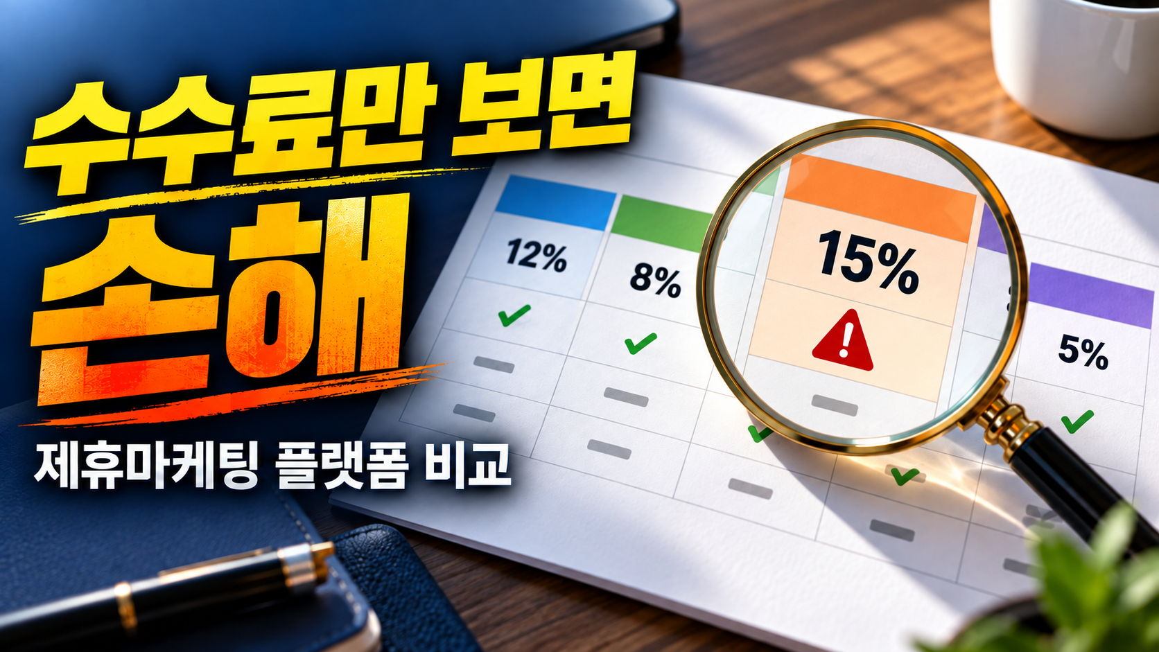 제휴마케팅 플랫폼의 표시 수수료와 숨은 조건을 돋보기로 비교하는 이미지