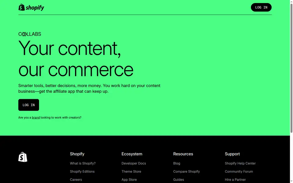 Shopify Collabs 공식 사이트 화면