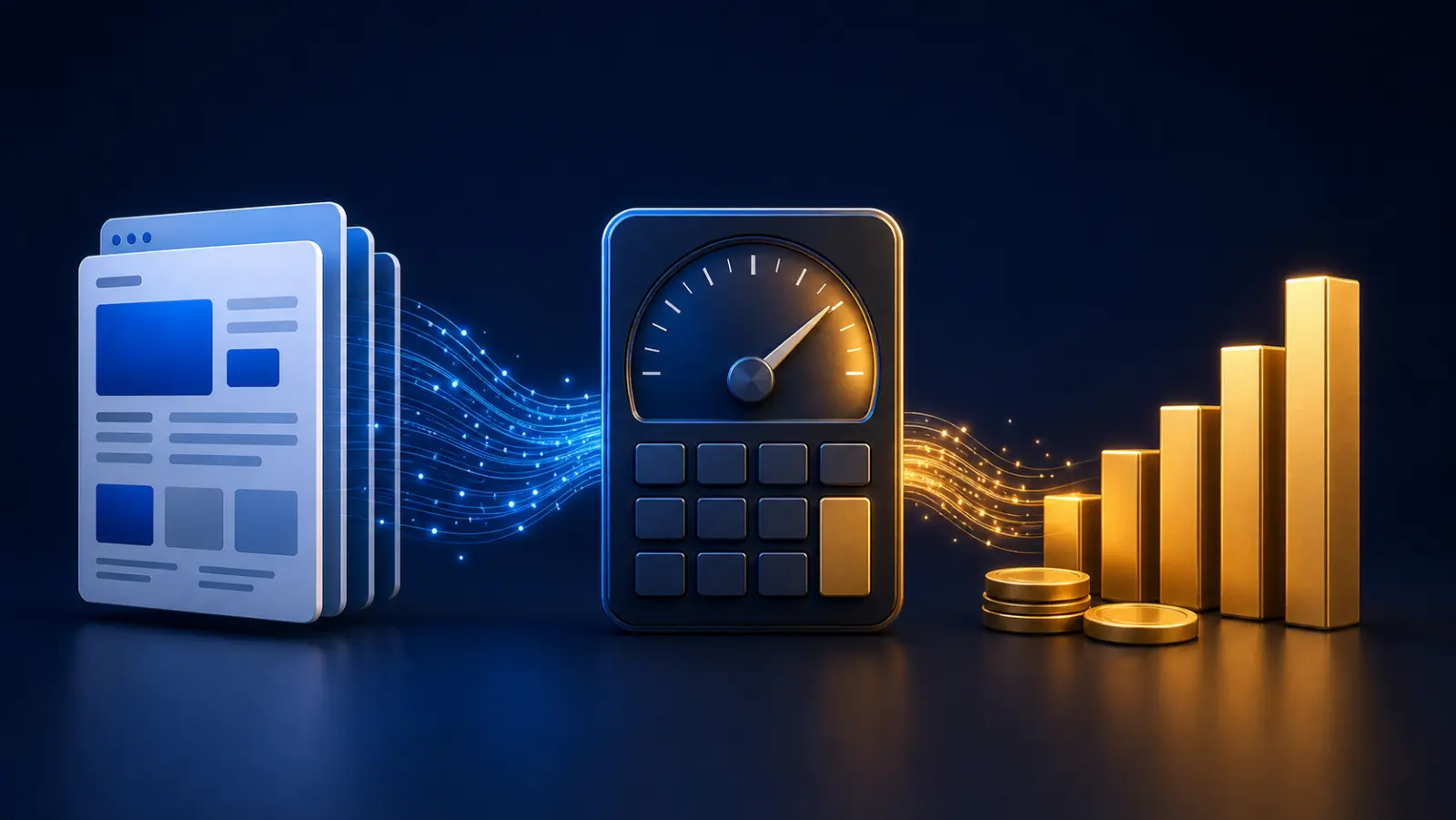 웹페이지 조회수와 페이지 RPM을 이용해 광고수익을 계산하는 과정을 표현한 이미지