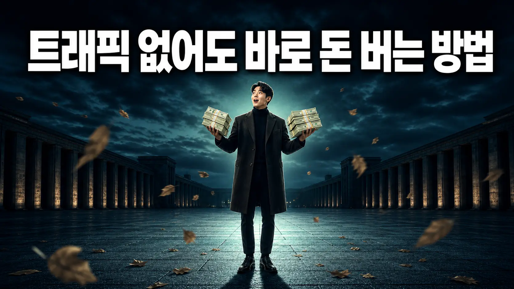 방문자가 없는 광장에서 양손에 돈뭉치를 든 운영자로 표현한 트래픽 전 커뮤니티 수익화